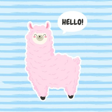 Sevimli çizgi Lama, doodle vektör çizim etiket