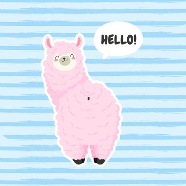 Sevimli çizgi Lama, doodle vektör çizim etiket