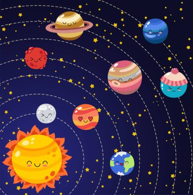 Vektör doodle karikatür simgeleri gezegenler Güneş Sistemi'nin kümesi. Komik renkli komik karakterler.