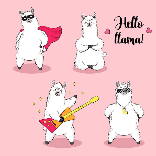 set of cute cartoon llamas, doodle vector illustration stickers