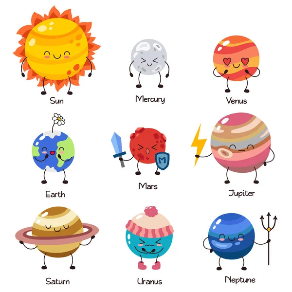 Ensemble Icônes Vectorielles Dessin Animé Doodle Planètes Système Solaire Personnages — Image vectorielle