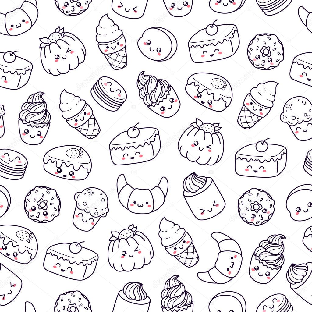 Set of vector cartoon doodle icons dessert, cake, ice cream, sweets food. Illustration of comic baking.