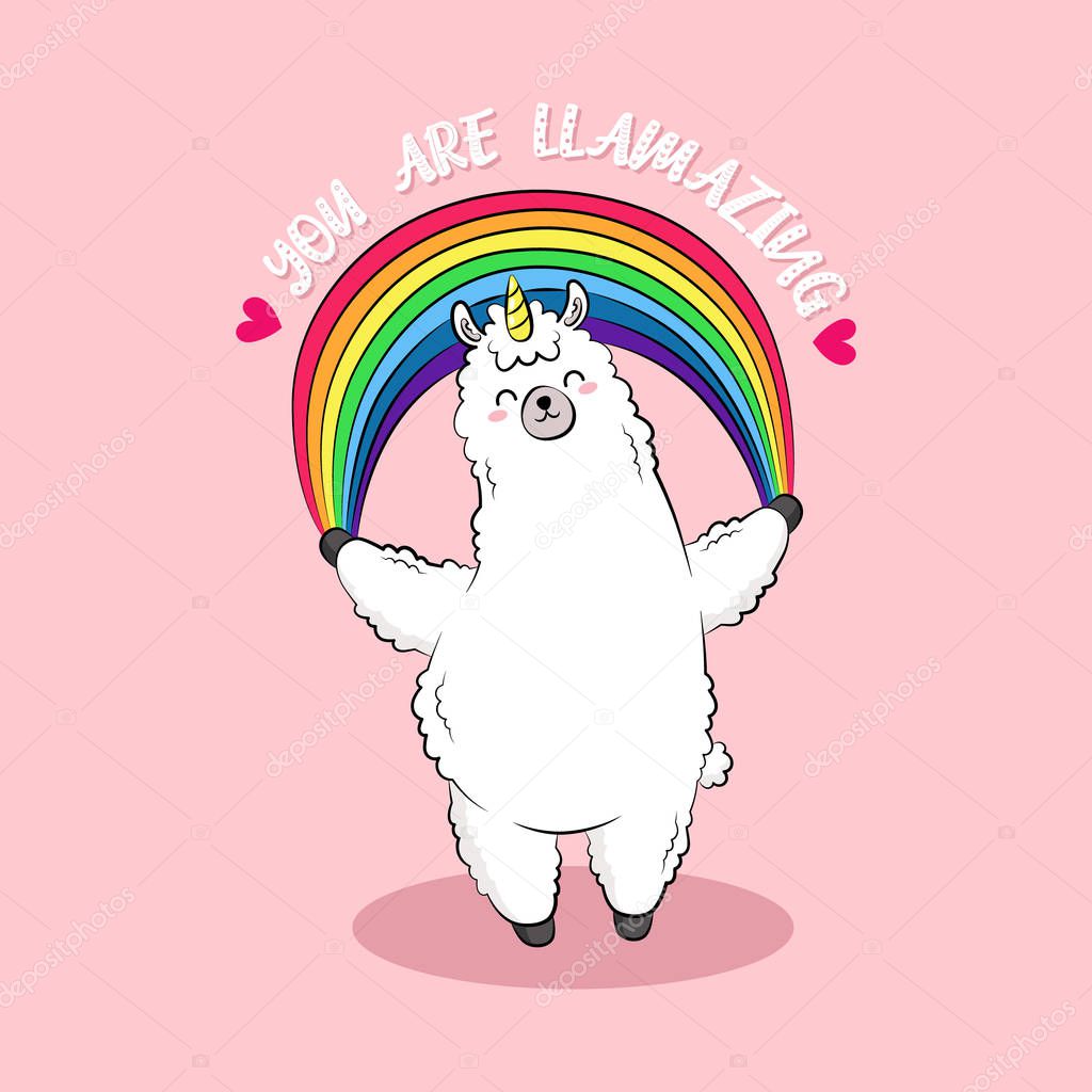 Cute cartoon llama, doodle vector illustration sticker