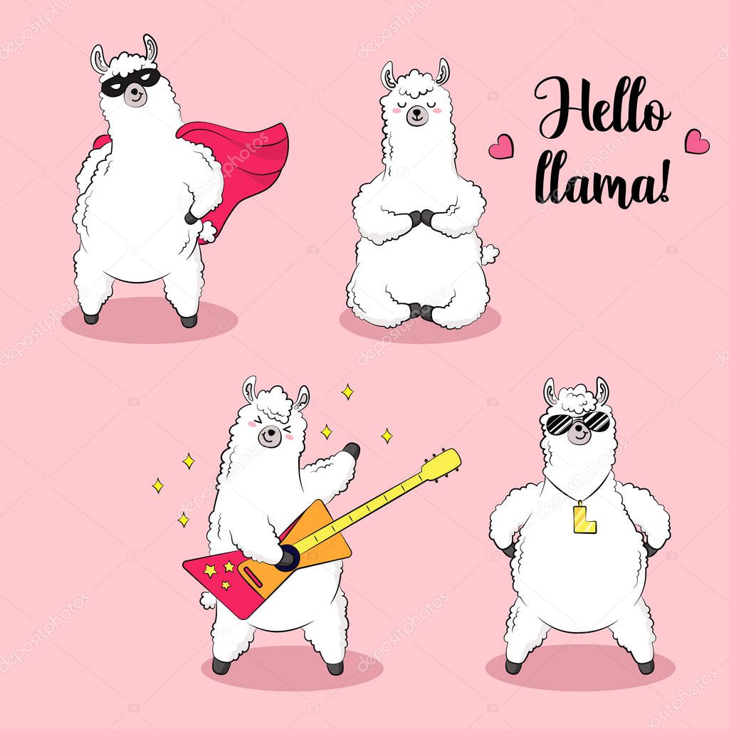 set of cute cartoon llamas, doodle vector illustration stickers