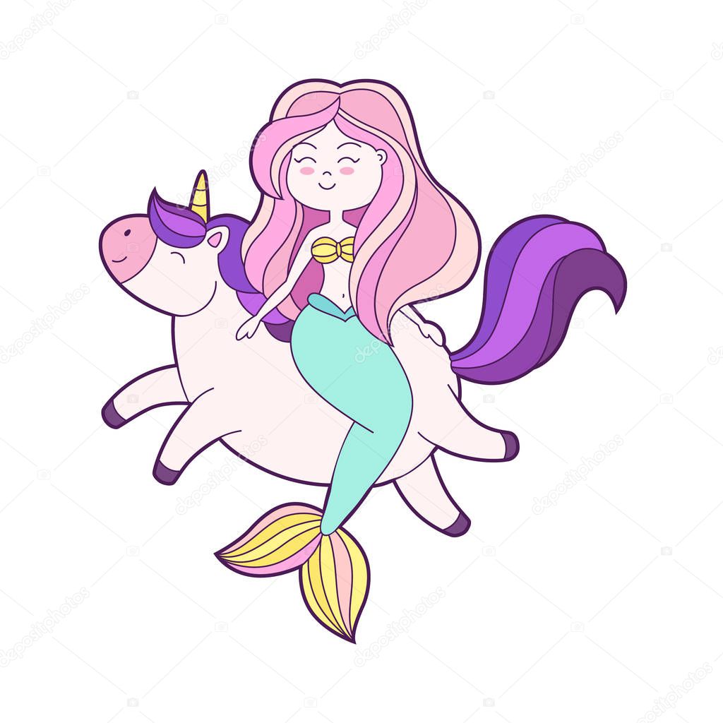 Funny cartoon mermaid. Patch badge sticker. Vector doodle illustration