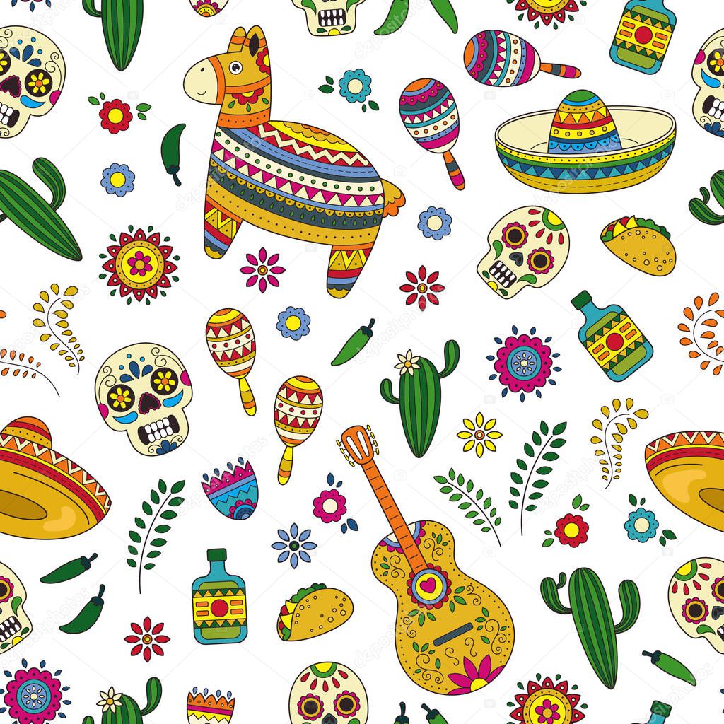 Cartoon doodle collection objects for Cinco de Mayo parade with pinata, maracas, sambrero, tequila, tacos, cactus, skull, flag. Vector seamless pattern, texture