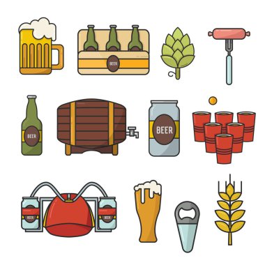 Vektör doodle düz simgeler. Bira simgeler kümesi