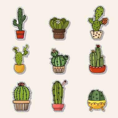 Sevimli çizgi doodle vektör çizim kaktüs bir tencerede kümesi. Yama, rozet etiket