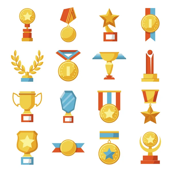 Conjunto Medallas Copas Premios Trofeos Deportivos Oro — Vector de stock