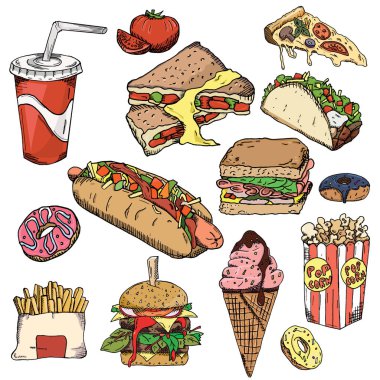 Fast food arka plan. Aperatif koleksiyonu. Abur cubur. Vektör çizim, duvar kağıdı arka plan