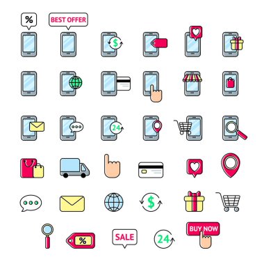 Satır simgeler koleksiyonu. Mobil alışveriş