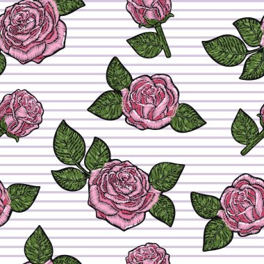 Nakış Dikişsiz desen doku, duvar kağıdı, pembe güzel gül ile arka plan.