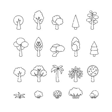 Vektör ağaç simgeler koleksiyonu. Logo, web tasarım, çizgi resim reklam için şablon