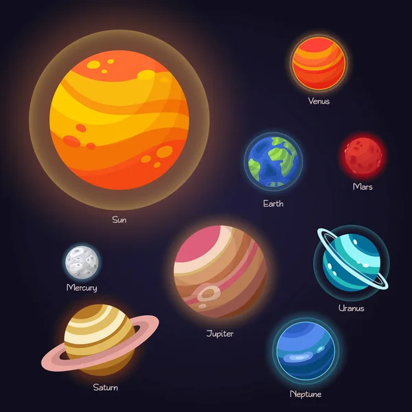 Conjunto Vetor Plana Doodle Desenhos Animados Ícones Planetas Sistema Solar — Vetor de Stock