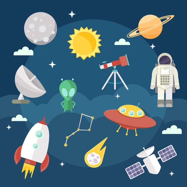 Set Vector Flat Cartoon Cosmic Icons Space Exploration Flights — Stock Vector