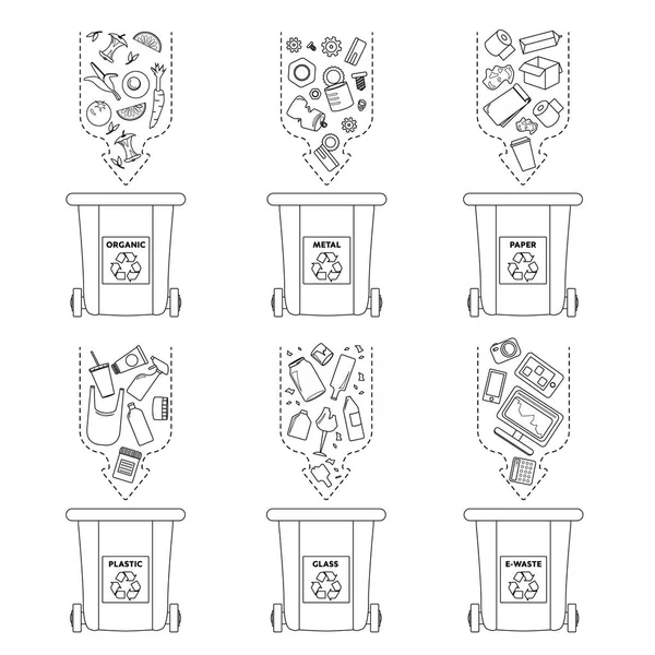 Ilustracja Wektorowa Zestaw Symboli Płaskie Logo Recykling Śmieci Elementów Sortowanie — Wektor stockowy