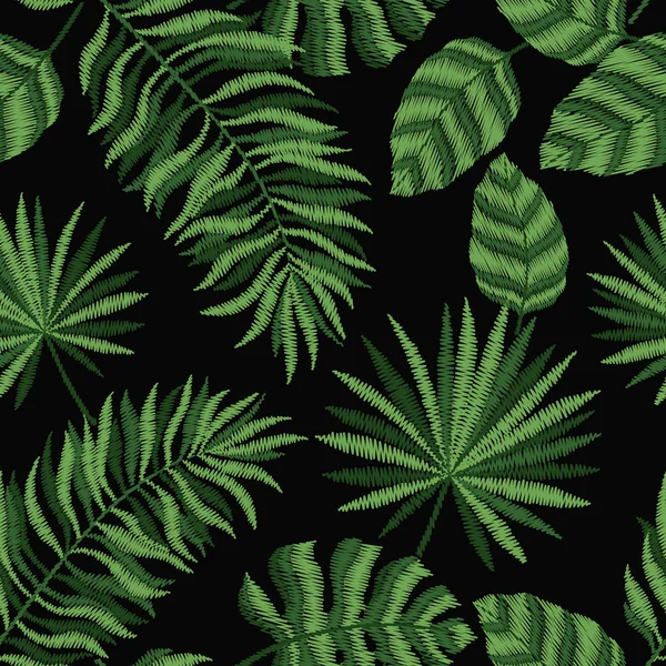Вышивка Бесшовный Узор Текстуры Обои Фон Тропическими Листьями — стоковый вектор