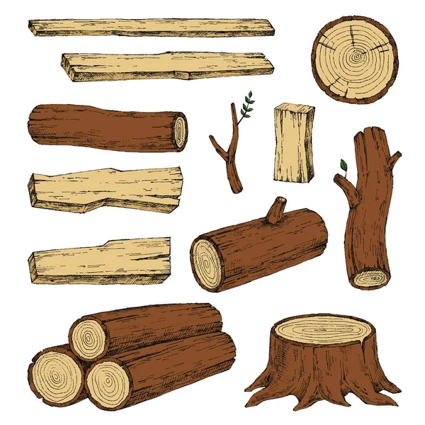 Wood Burning Materials Vector Sketch Illustration Collection Materials Wood Industry — Stock Vector