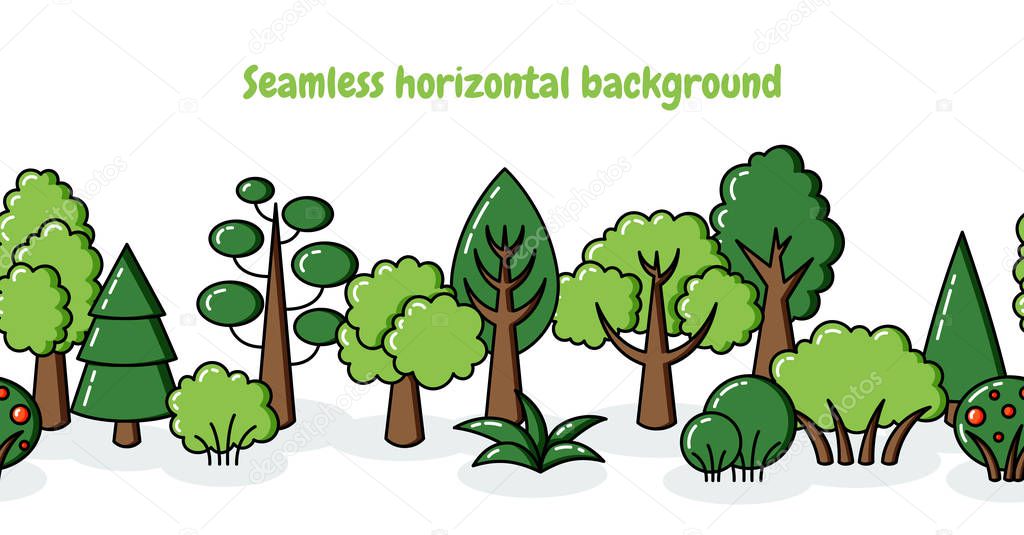 Vector background, seamless pattern trees. Backdrop forest doodl