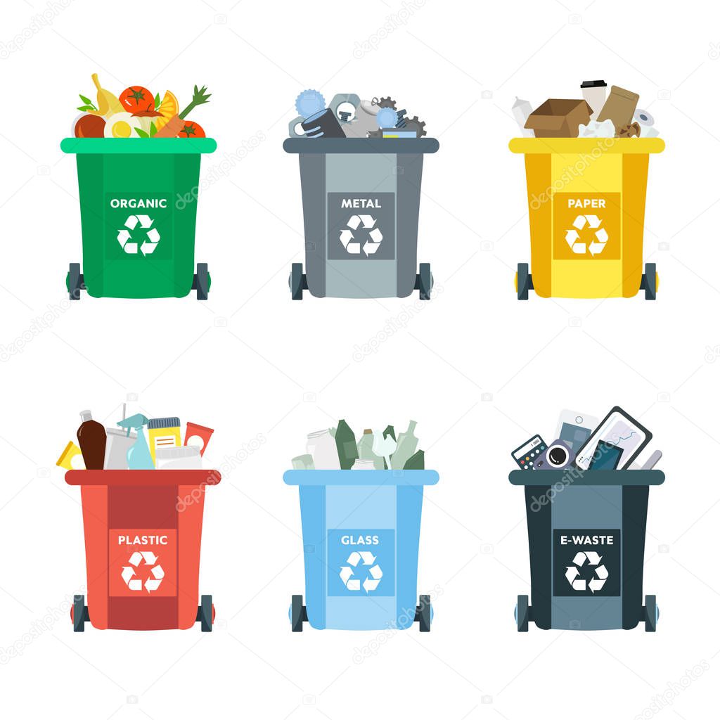 Vector illustration, set of flat logo symbols. Recycling garbage elements. Sorting and processing of garbage.