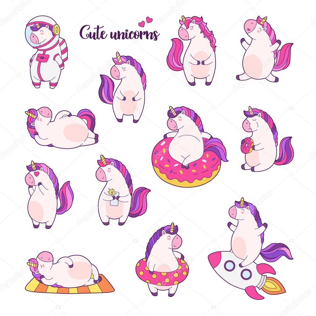 Set of funny cartoon magic unicorns. Patch, badge sticker.