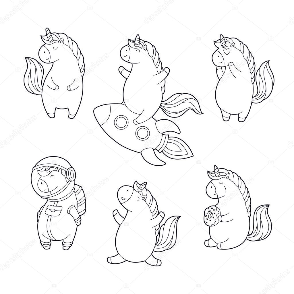 Set of funny cartoon magic unicorns. Patch, badge sticker.
