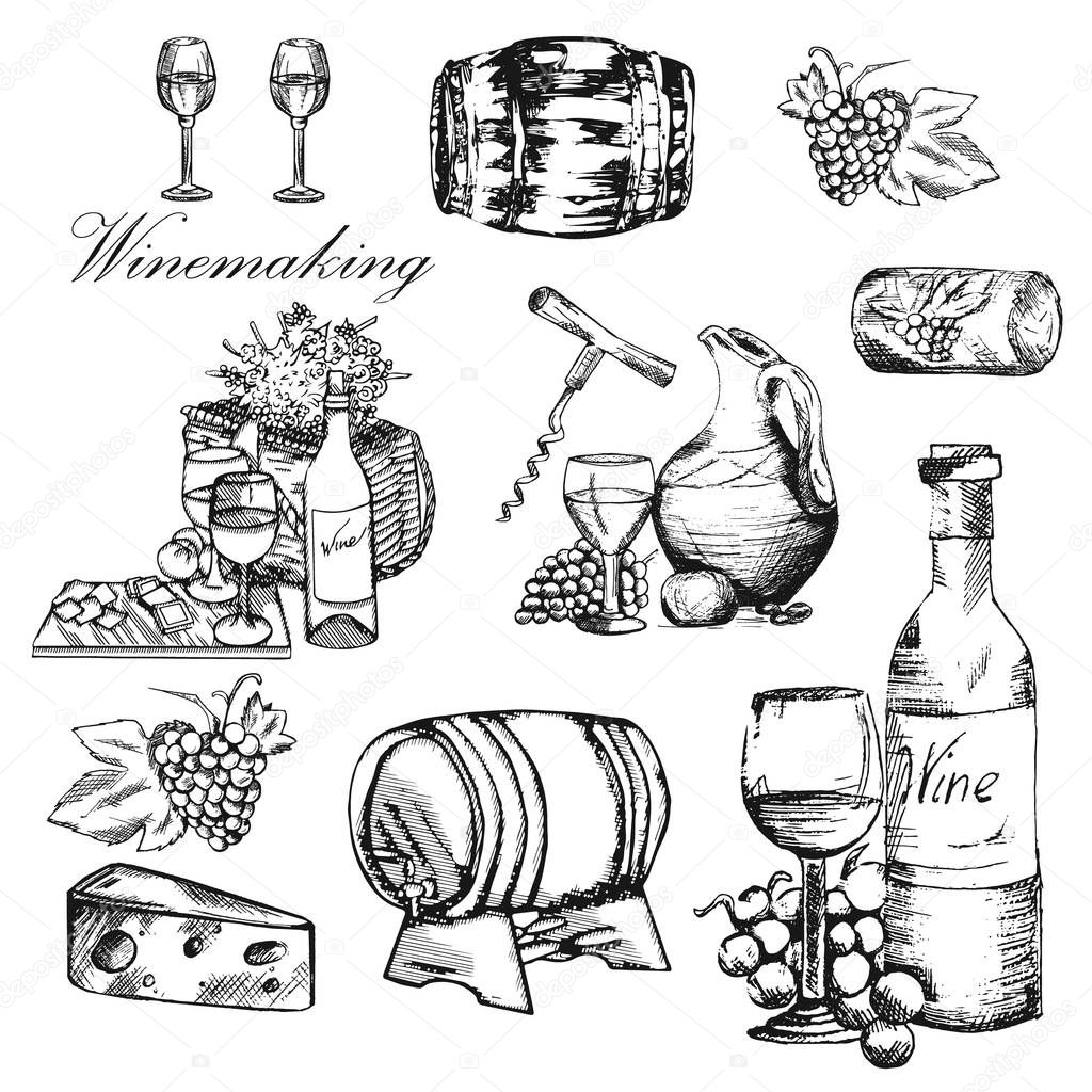 Vector wallpaper background with hand drawn wine bottle, cask, wineglass grapes and cheese. Color illustration