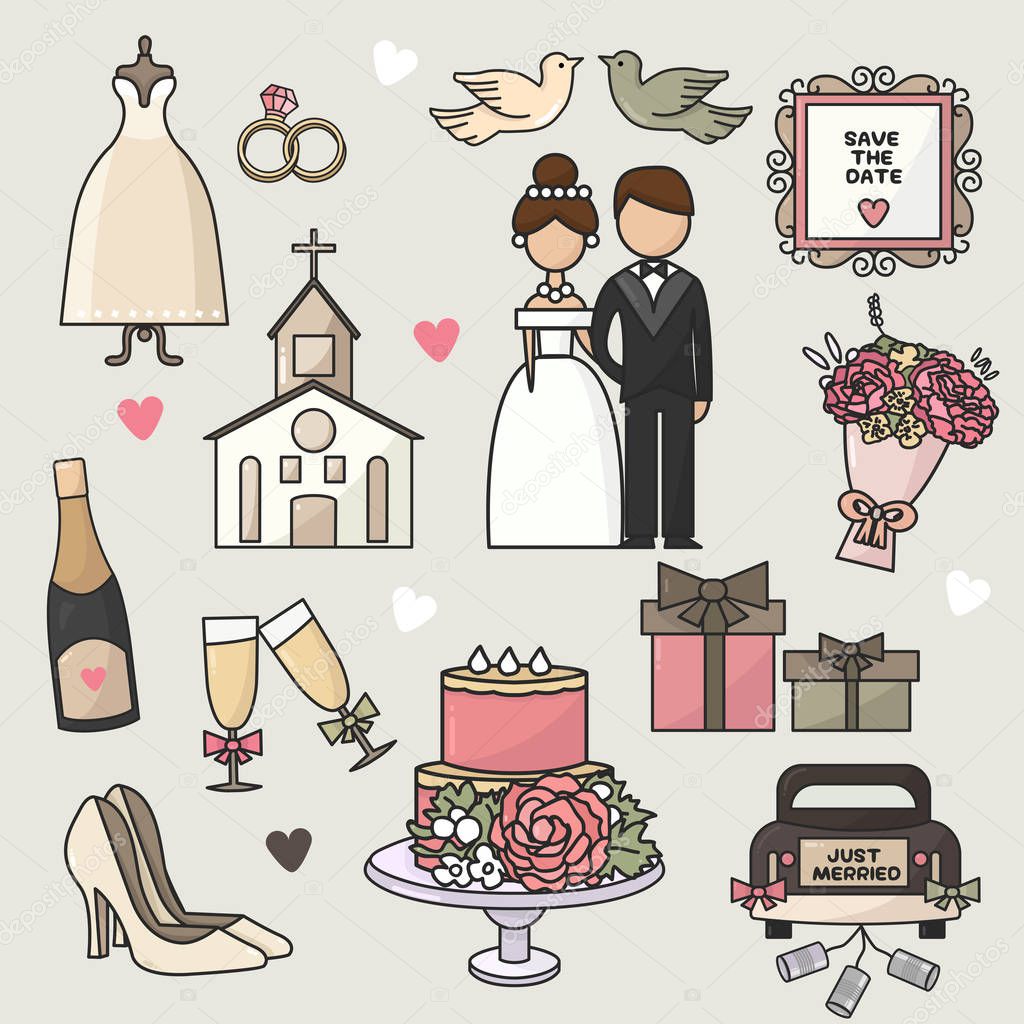 Vector illustration. Set of cartoon doodle wedding icons. Collection of romantic symbols.