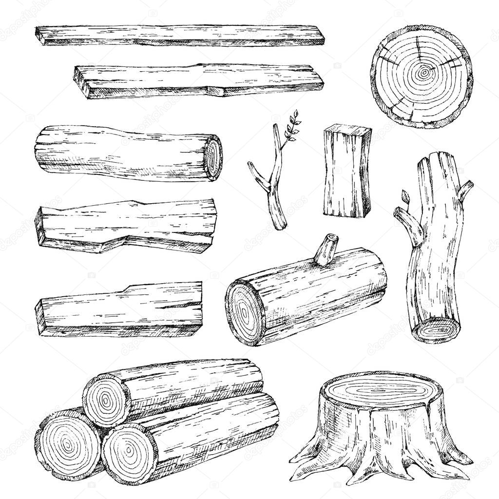 Wood, burning materials. Vector sketch illustration collection. Materials for wood industry.