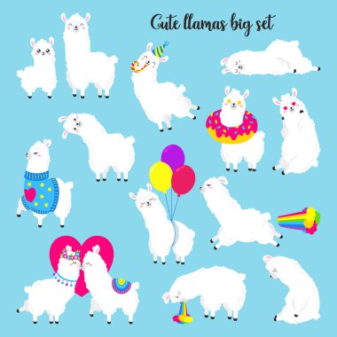 Sevimli vektör llamas topluluğu. Çıkartmalar, yamalar kümesi. Doodle illüstrasyon.