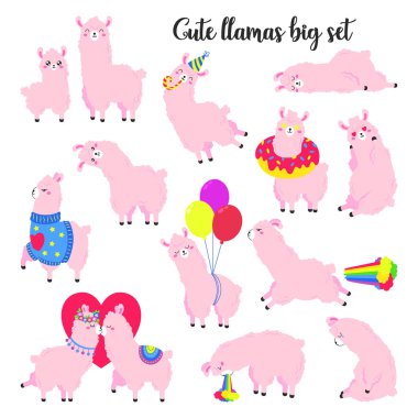 Sevimli vektör llamas topluluğu. Çıkartmalar, yamalar kümesi. Doodle illüstrasyon.