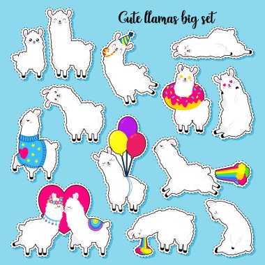 Sevimli vektör llamas topluluğu. Çıkartmalar, yamalar kümesi. Doodle illüstrasyon