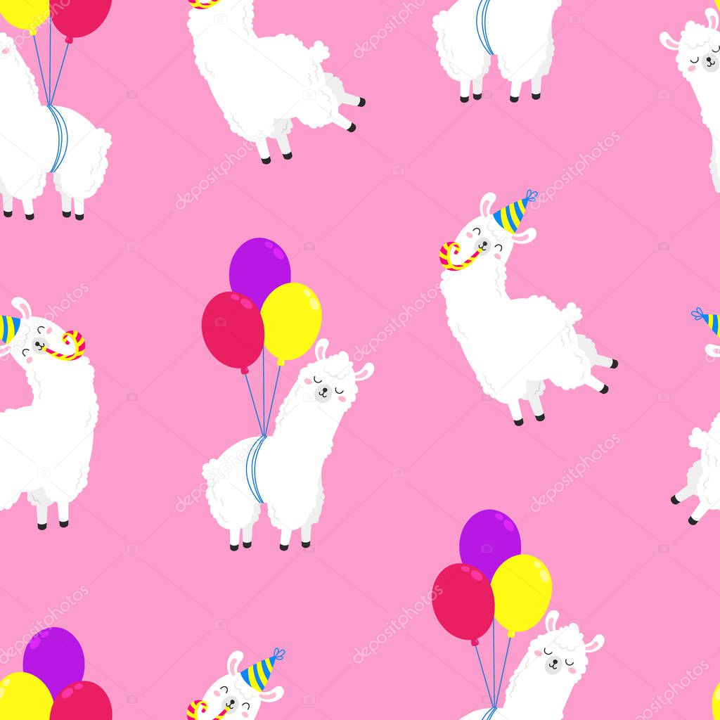 Funny cartoon pattern with cute llamas. Vector Doodle Illustration. Seamless wallpaper, background