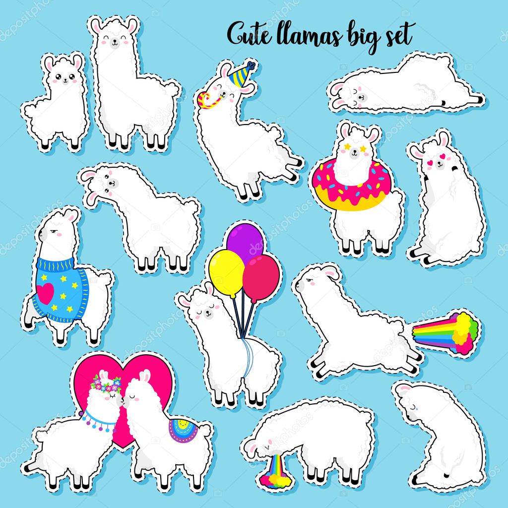 Collection of cute vector llamas. Set of stickers, patches. Doodle illustration