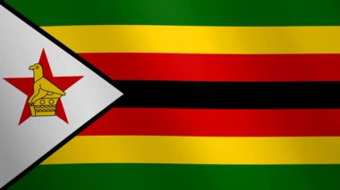 Zimbabwe 'nin ulusal bayrağını sallıyor. Renkli çizgiler ve üzerinde Zimbabwe Kuşu amblemi olan beyaz bir üçgen. Kusursuz bir döngü içinde gerçekçi 3D animasyon.
