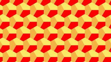 Sarı ve kırmızı 3D küplerden oluşan geometrik desenli retrofon animasyonu. Kusursuz dikey kaydırmalı soyut optik illüzyon.