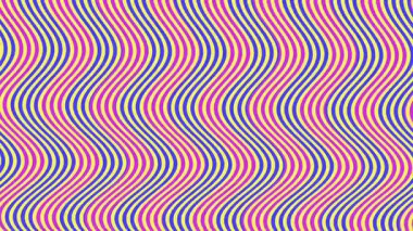 Hareketli dalgalı dikey çizgileri olan soyut bir arkaplan canlandırması. Renkli sarı, pembe ve mavi hipnotik desen. 2B düz görsel illüzyon.