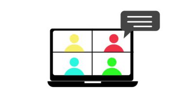 Dizüstü bilgisayar animasyonu üzerine video konferansı. Ekranda bir ızgarada dört renkli katılımcı simgesi, bir sohbet balonu beliriyor. Çevrimiçi toplantı grafiği.