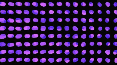 Mor bir nokta ızgarasının soyut animasyonu düzenlenmiş dönüşümden kaotik rastgele hareketlere dönüşüyor. Siyah arkaplan üzerinde resmedilmiş deseni olan kusursuz hareket grafikleri döngüsü.