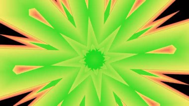 Değişen yıldız benzeri şekillerle soyut kaleydoskopik animasyon. Sürekli dönen ve nabız atan hızlı yeşil ve turuncu geometrik desen..
