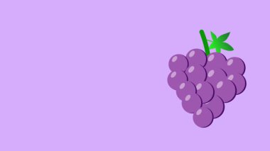 Açık mor arka planda zıplayan bir demet üzüm çizgi filmi. Kopya alanı ile basit 2B düz tasarım meyve animasyonu.