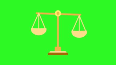 Adalet ikonunun canlandırılmış ölçekleri ileri geri sallanıyor. Yeşil ekrandaki renkli versiyon ve beyaz ekrandaki siyah siluet. Bir dengenin 2B düz döngüsü veya kroma anahtarı için hukuk sembolü.