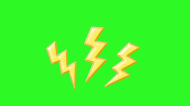 Animasyon 2D peeling. Tiga petir kuning bergerak-gerak di atas layar hijau, diikuti transisi ke petir hitam statis dengan latar belakang putih.