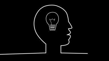 İçinde ampul olan bir insan kafası çizen sürekli bir çizgi animasyonu. Dış hat rengi beyazdan sarıya döner. Minimalist kavram