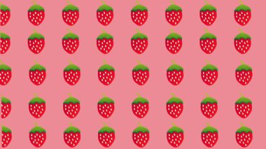 Pembe arka planda kıvranan sevimli çizgi film çileklerinin animasyon deseni. Basit, düz 2D resimli bir döngüye sahip kusursuz döngü.