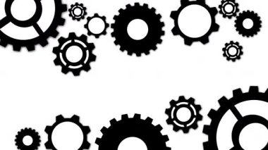 Beyaz arka planda dönen siyah dişli siluetlerinin animasyonu. En düşük, düz 2D grafik biçimi dekoratif çerçeve oluşturur.