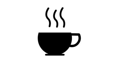 Sıcak buharı yükselen siyah kahve fincanı ikonu. Beyaz arka planda en az 2D siluet grafiği. Döngü hareketi.