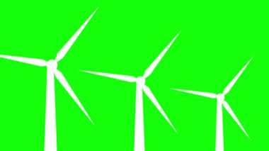Yeşil ekran arka planında dönen üç beyaz rüzgar türbini. Yenilenebilir enerji jeneratörlerinin 2B düz animasyonu.
