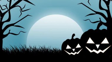 Ürkütücü Cadılar Bayramı silueti animasyonu. Parlayan balkabakları ve dolunay mavi gece gökyüzünde beliriyor. Şenlikli tanıtımlar, geçmiş ve sosyal medya görselleri için harika..