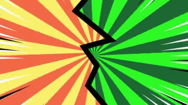 Animasyon çizgi roman arka plana karşı. Sarı ve yeşil ayrık ekran, radyal çizgiler ve sivri uçlu bir bölme. Kusursuz bir döngüde çizgi film eylem grafiği.